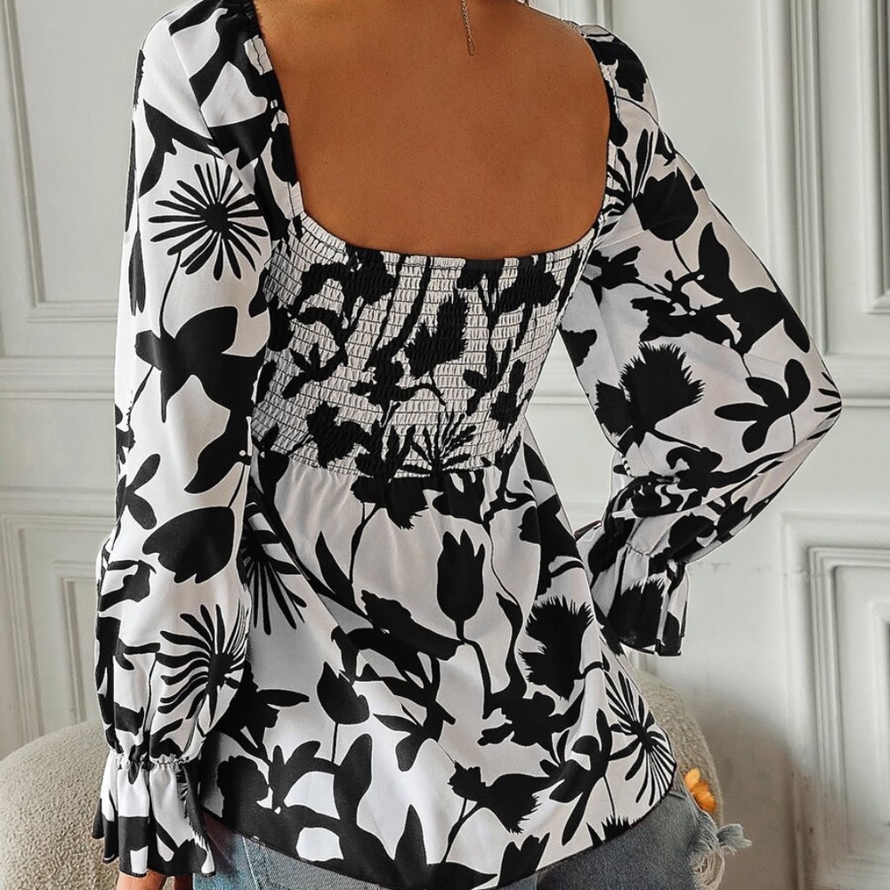 Boho Floral Print Off Shoulder Ruffle Sleeve Blouse - Picture 8 of 8